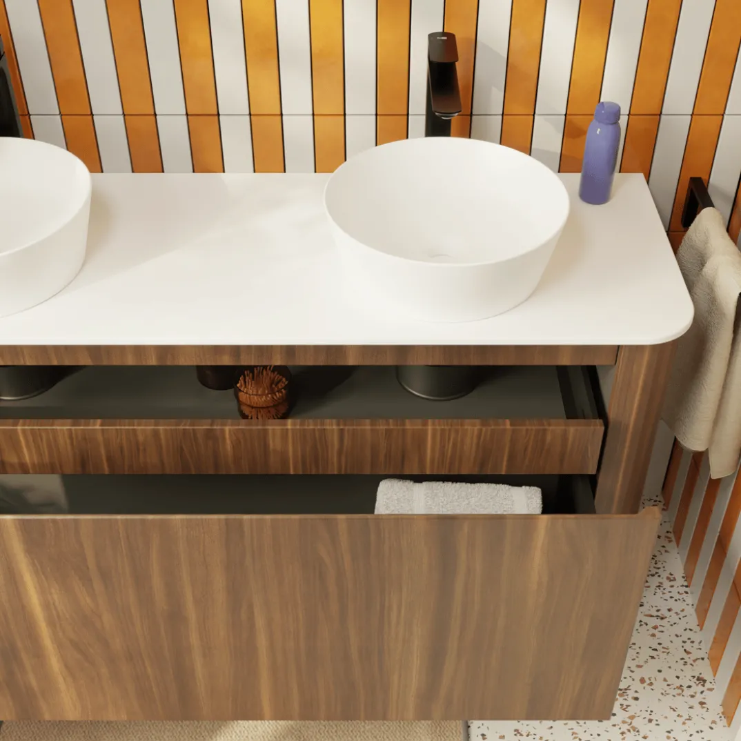 Storke Soft badkamermeubel met Tavola Soft wastafelblad voor waskom(men)